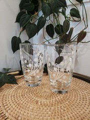 2 Vintage Libbey Tumbler Glasses 5.25” Embossed Lily of the Valley White Sparkle