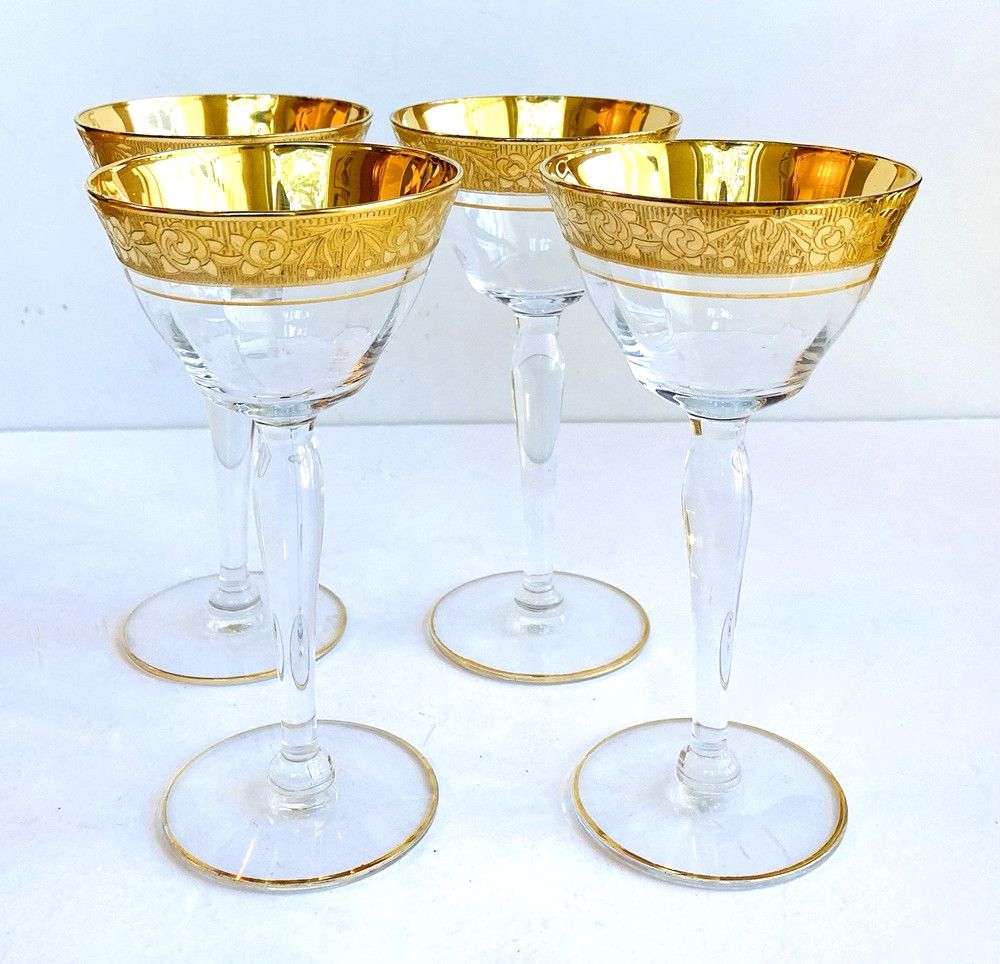 Tiffin-Franciscan 24K Gold Rimmed Rambler Rose Wine/Cordial Glasses (4) – 5 3/8″