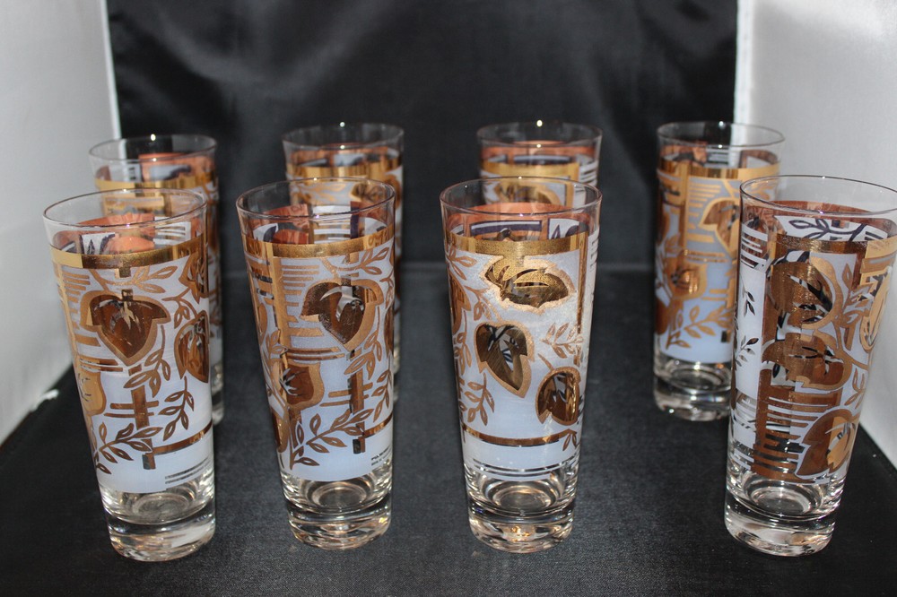 MCM 16 oz, Oriental, Gold, Gray Leaf Frosted Design, Lot of 8 Glasses