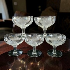 Vintage WJ Hughes Cornflower Etched Design Champagne Coupes Set Of 5 Rare EC