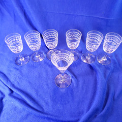 Set Lot of 7 Fostoria Clear Crystal Glass Needle Etched Aperitif Wine Stemware