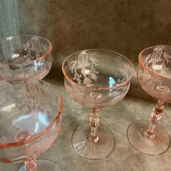 1930s Tiffin glass pink FONTAINE fountain bird etched sherbet/champagne Stems