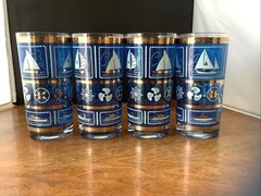4 MCM Cobalt Blue 5.5” Nautical HighBall Glasses Barware Ship Sailboat jB1