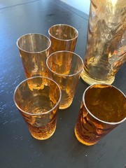 VTG Pitcher & Glasses Serving Set Amber Marigold Swirl Margarita Lemonade, Yea