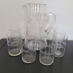 Mid Century Clear Glass Pitcher & 6 Juice Glasses Flower Etched Ribbon Drinkware