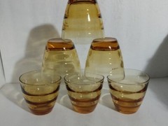 6 Vintage MCM Hazel Atlas WATERFALL Amber Vintage Cordial Juice Glasses Bee Hive