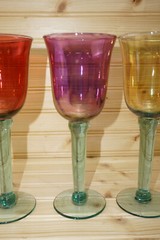 Blue, Red, Pink, Yellow (4) Wine Goblets, 8 1/2″ Hand Blown w/ Green Stem (G34)