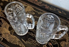 2 Large 7″ Bohemian Crystal Cut Clear Glass Mug Pair Vase Handles 1.75 Lbs Each!