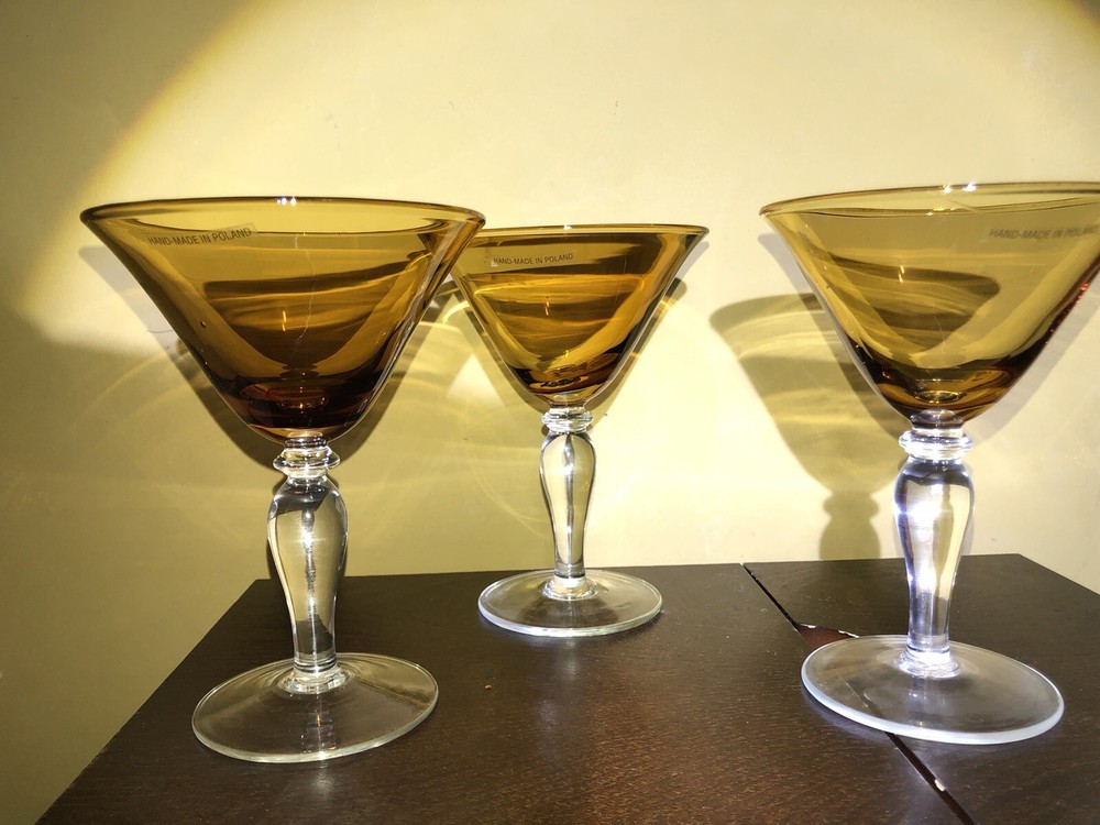 Set Of 3 Polish Glass Amber Goblet Champagne Water Wine Vintage Poland