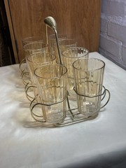 Vintage Set of 8 Blush Tumblers w/ Brass Tone Carrier Mid Century MCM Barware