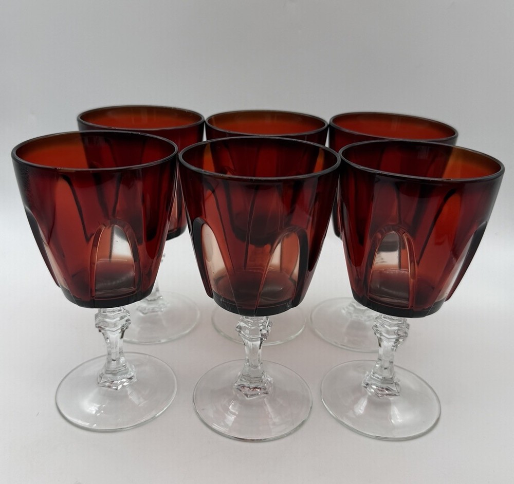 Set of 6 Cristal D’Arques Durand Gothic Wine Glasses Ruby Red Cut To Clear 1970s