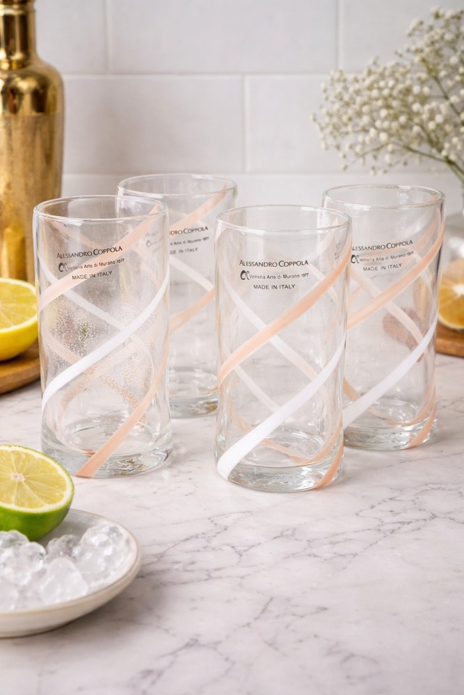 Alessandro Coppola Murano Glass Tumblers Set 4 Italy Art Glass 5.9” Swirl