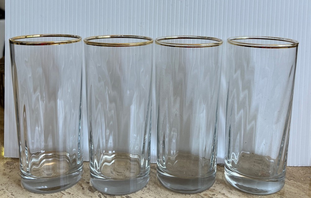 4 MCM Vintage 6 in Tall Highball/ Drink Glasses w/ 1/4″ Gold Band at Top