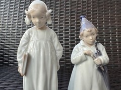 RARE Pair of ROYAL COPENHAGEN Figurines:Girl w/book,Sandman Boy w/ Umbrella Mint