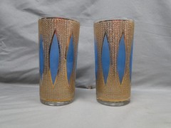 Set of 4 MCM Culver Aqua Tiffany Hi-Ball Glasses Blue Diamond Gold Accents