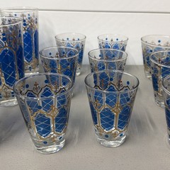 Set Of 24 Anchor Hocking MCM Royal Blue Fleur-de-lis Gold Gilt Glasses