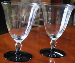 Vintage Set 6 Weston OPTIC PANEL w BLACK FOOT WATER GOBLET GLASSES Hand Blown