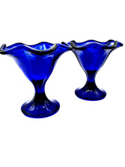 2 Vintage Art Glass Cobalt Blue Made in Italy Nut, Candy Desert Tulip shape