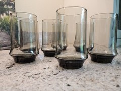 Set Of 7 Vintage Libbey Smoke Gray/Black Impromptu 12oz Drinking Glasses
