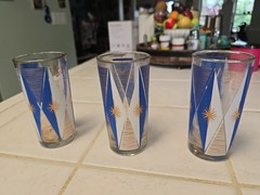Vintage Set 3 Highball Cocktail Glasses Blue Gold White Atomic Starburst Barware