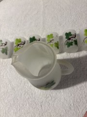 Vintage FROSTED GLASS PITCHER and 6 JUICE GLASSES Green Floral Design