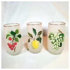 Vintage Frosted & Textured Glass Pitcher and Six Tall Glass Set with Fruit Theme