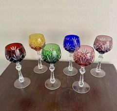 6 Vintage Cut Clear Crystal Wine Glasses Bohemian Czech West German Style 7.5”H