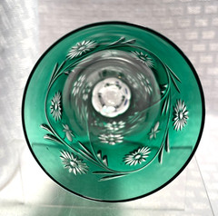 AJKA/GODINGER BEE & FLOWER FLUTE EMERALD GREEN CUT TO CLEAR HUNGARY BOHEMIAN