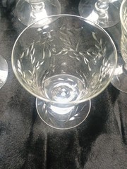 Vintage 6 Etched Crystal Coupe Desert Glasses Clear Fruit Cocktail Leaf Stemmed
