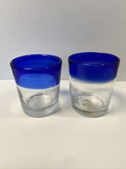2 Mexican Hand Blown Cobalt Blue Rim Glass Tumbler Rough Pontil Bubble Low Ball