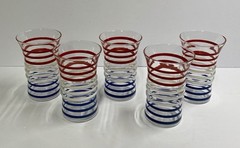 Set Of 5 Vtg Anchor Hocking Patriotic Red White & Blue Drinking Glasses 8 oz