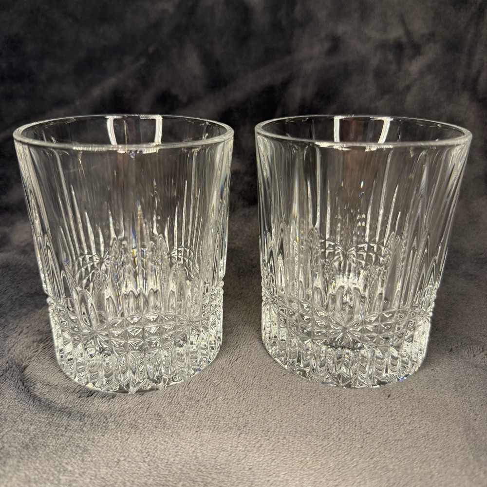 Pair Bohemia Crystal BEDFORD Vertical Horizontal Cut Whiskey Old Fashioned Glass