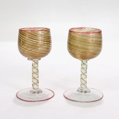 Pair Antique Salviati Aventurine Filigrana Venetian/Murano Cordial Wine Glasses