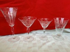 Depression Era Wine & Cocktail Glasses Gray Cut Flower Optic Bowl Bulbous Stem