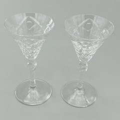 2 VTG 1940’s ROCK SHARPE Mini Crystal Cordial Glasses Dot Ribbon Swirl Stem MCM