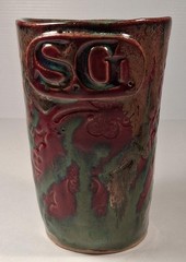 Drip Glazed Pottery Tumbler 5″ Hand Thrown Signed SG 12 Oz Shamrock Mark