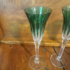 AJKA 6 5/8” Green Cut To Clear Champagne Flutes Vintage Set Of 3 Plus 1 Damaged
