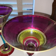 Pier 1 Festive Hand Painted Jewel Tones 2 Martini Glasses Magenta, Teal, Gold