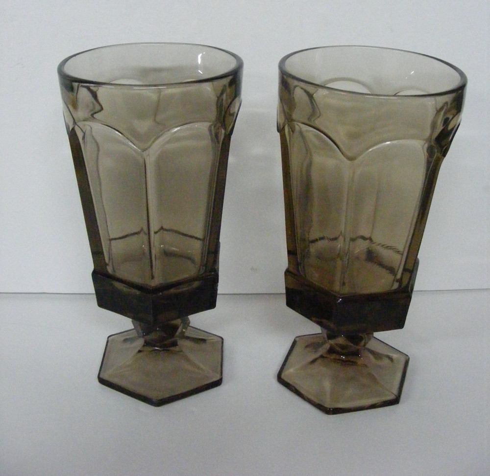 Fostoria Virginia Glass Smokey Topaz Set of 2 Footed 12 Oz Tumbler Glasses