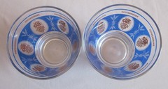 2 Old Fashioned Rocks Glasses Tumblers Hazel Atlas Blue Gold Grapes MCM 3 1/4″