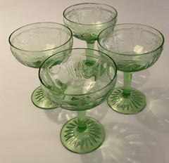 Vintage Green Depression Glass, Sherbert Glasses (4), Cameo/Ballerina Pattern