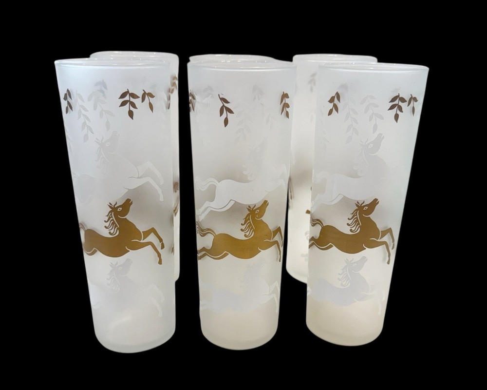 Set of 6 Libbey Cavalcade Vintage Unicorn Horse Frosted High Ball Glasses Vtg