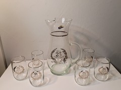 West Virginia Glass 25th Silver Anniversary Pitcher & 6 Tumbler Glasses