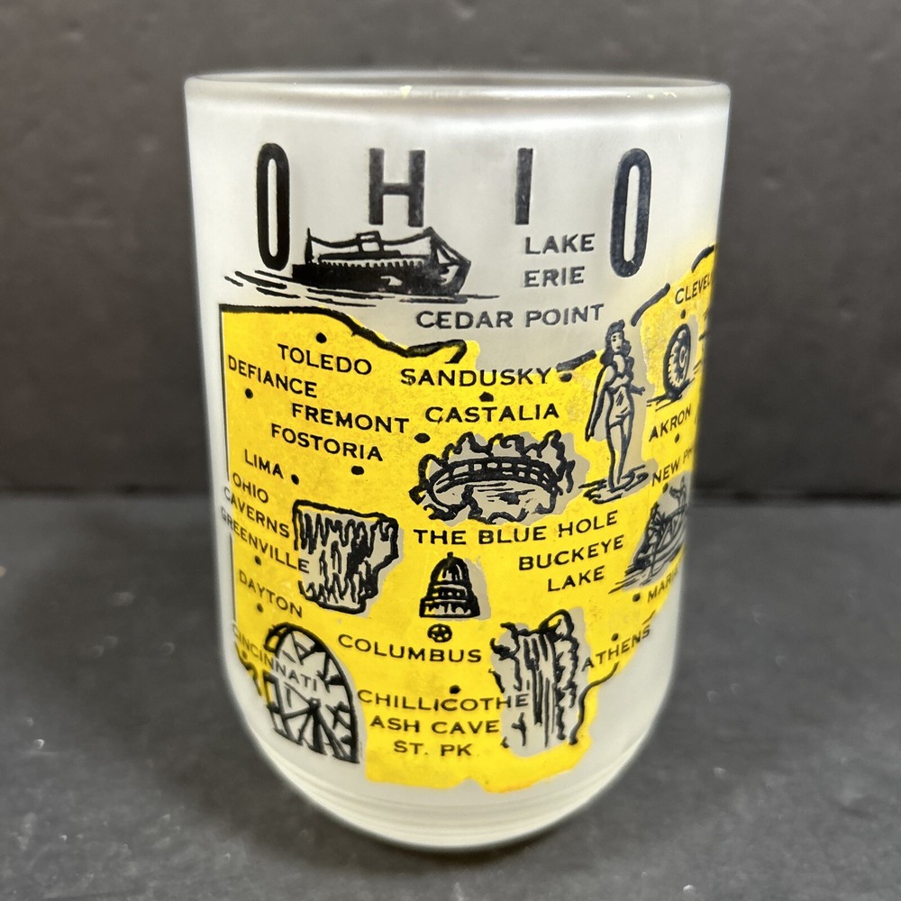 Vintage Ohio the Buckeye State frosted Glass Beer Mug 5” State Map