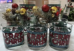 8 Vintage MCM Merry Christmas Rocks Glasses With Holly And Berries