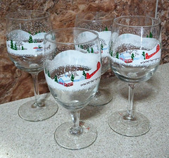 4 – Libbey Winter Village Water Goblets (2 Sizes 7″ & 7.5″)