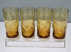 4 Morgantown THUMBPRINT Amber Glass Tumblers Textured Dimpled Pinched 6″ Golden