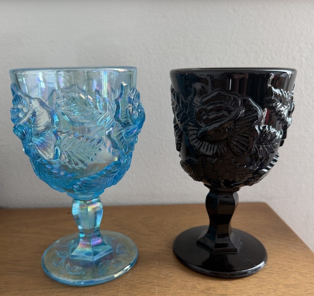 Madonna Inn Wild Rose Water Goblet Black Blue Luster Glass Heavy Lot of 2 9oz