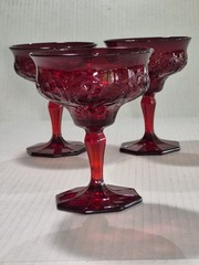 Set/3 McKee Glass Co Rock Crystal Red 4 3/4″ T Champagne Glasses Hexagonal Base
