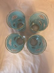Vintage Libby Atomic Starburst Turquoise Blue Gold MCM Glass Tumbler Set 4 Box